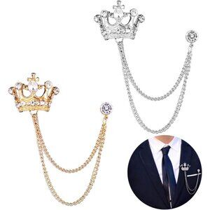 2PCS Men's Crown Hanging Chain Brooch with Stone Detailing, Engraving, Metal Cry